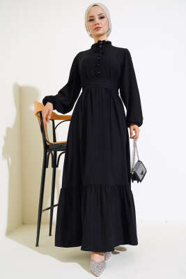 Yarım Düğmeli Kuşaklı Elbise Siyah - Thumbnail