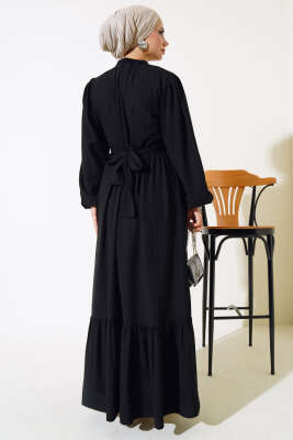 Yarım Düğmeli Kuşaklı Elbise Siyah - Thumbnail