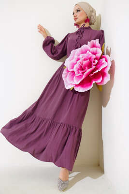 Yarım Düğmeli Kuşaklı Elbise Magenta - Thumbnail