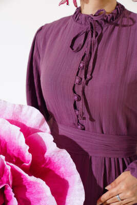 Yarım Düğmeli Kuşaklı Elbise Magenta - Thumbnail