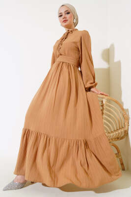 Yarım Düğmeli Kuşaklı Elbise Latte - Thumbnail