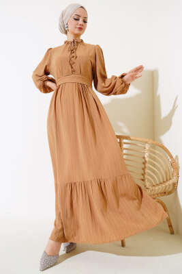 Yarım Düğmeli Kuşaklı Elbise Latte - Thumbnail