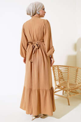 Yarım Düğmeli Kuşaklı Elbise Latte - Thumbnail