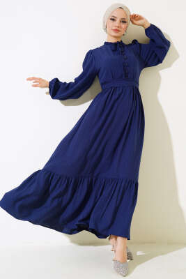 Yarım Düğmeli Kuşaklı Elbise Lacivert - Thumbnail