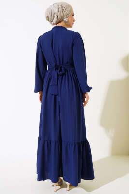 Yarım Düğmeli Kuşaklı Elbise Lacivert - Thumbnail