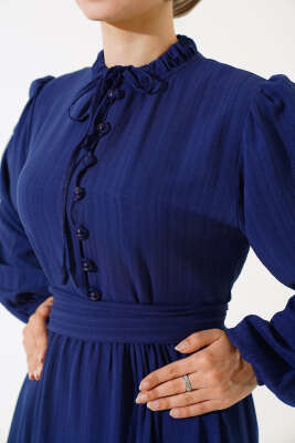 Yarım Düğmeli Kuşaklı Elbise Lacivert - Thumbnail