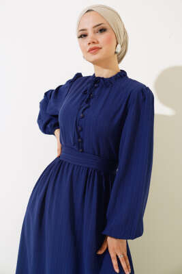 Yarım Düğmeli Kuşaklı Elbise Lacivert - Thumbnail