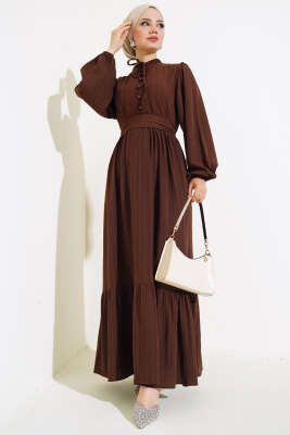 Yarım Düğmeli Kuşaklı Elbise Kahve - Thumbnail