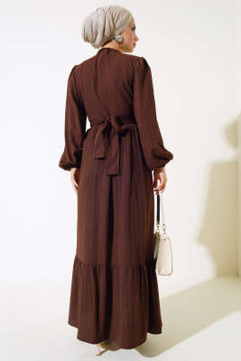 Yarım Düğmeli Kuşaklı Elbise Kahve - Thumbnail
