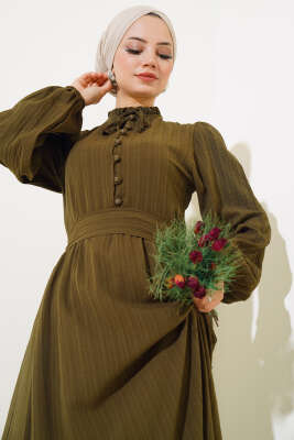 Yarım Düğmeli Kuşaklı Elbise Haki - Thumbnail