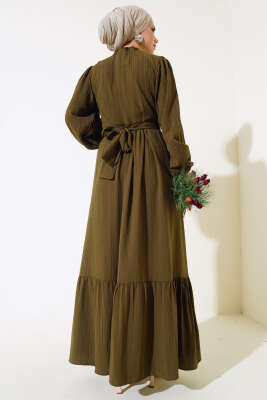 Yarım Düğmeli Kuşaklı Elbise Haki - Thumbnail