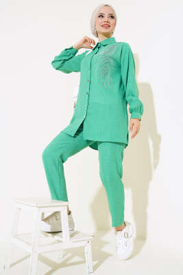 Pazarium - Önü Boncuklu Keten İkili Takım Yeşil