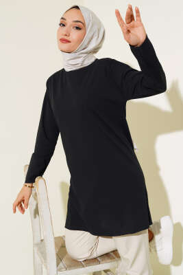 Düz Uzun Kol Tunik Siyah - Thumbnail