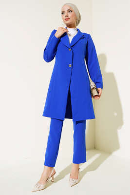 Pazarium - Uzun Ceket İkili Takım Saks