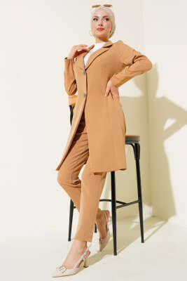 Pazarium - Uzun Ceket İkili Takım Latte