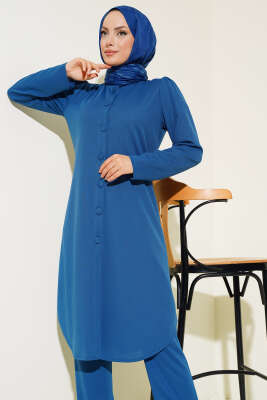 Boydan Düğmeli Tunik İkili Takım İndigo - Thumbnail