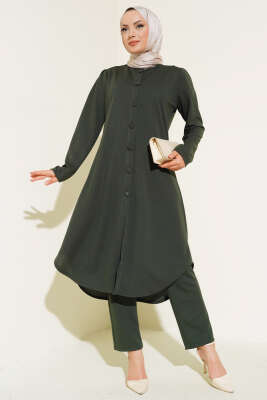 Boydan Düğmeli Tunik İkili Takım Haki - Thumbnail