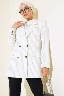Pazarium - Çizgili Blazer Ceket Beyaz