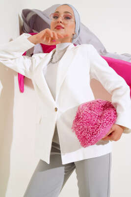 Tek Düğmeli Blazer Ceket Ekru - Thumbnail