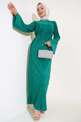 Pazarium - Piliseli Parlak Elbise Yeşil