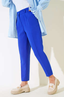 Pazarium - Pileli Yüksek Bel Kumaş Pantolon Saks