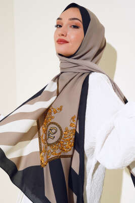 Kenarları Desenli Medine Şal Vizon Siyah - Thumbnail