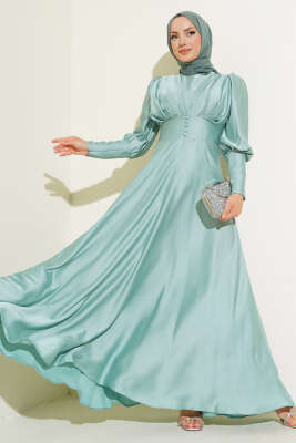 Düğme Detaylı Bileği Fermuarlı Elbise Mint - Thumbnail