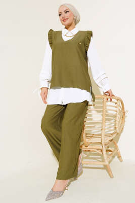 Pazarium - 	 Fırfır Detaylı Üçlü Takım Haki