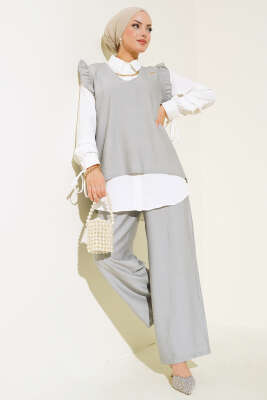 Pazarium - Fırfır Detaylı Üçlü Takım Gri