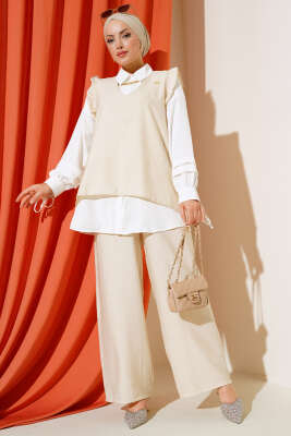 Fırfır Detaylı Üçlü Takım Bej - Thumbnail
