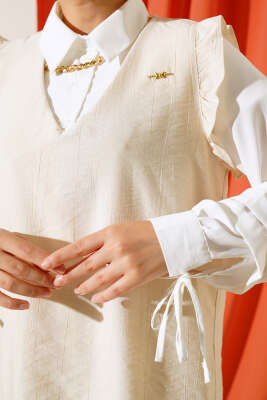 Fırfır Detaylı Üçlü Takım Bej - Thumbnail