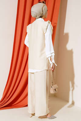 Fırfır Detaylı Üçlü Takım Bej - Thumbnail