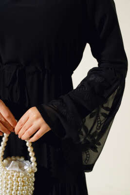 Nakış Detaylı Tül Elbise Siyah - Thumbnail