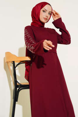 Pazarium - Kolu Taş Süslemeli Ferace Bordo