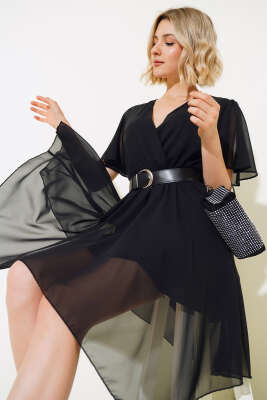 Pazarium - Asimetrik Kesim Kemerli Elbise Siyah
