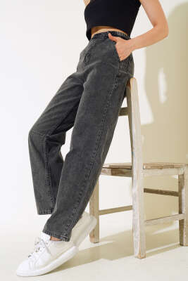 Pazarium - Baggy Yan Tokalı Kot Pantolon Siyah Orta Kar