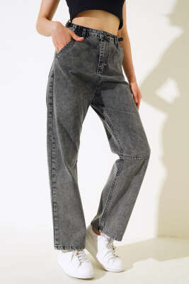 Pazarium - Baggy Yan Tokalı Kot Pantolon Siyah Açık Kar