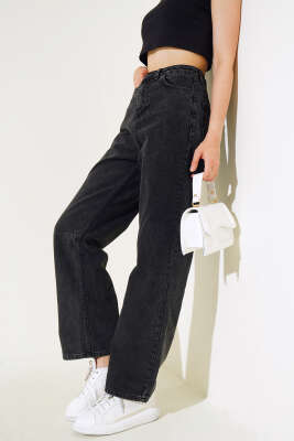 Baggy Arka Tokalı Kot Pantolon Siyah Orta Kar - Thumbnail