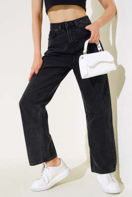 Baggy Arka Tokalı Kot Pantolon Siyah Orta Kar - Thumbnail