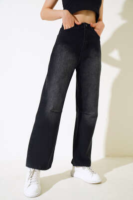 Baggy Arka Tokalı Kot Pantolon Siyah - Thumbnail