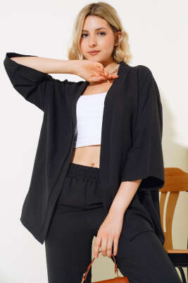 Krep Kimono İkili Takım Siyah - Thumbnail