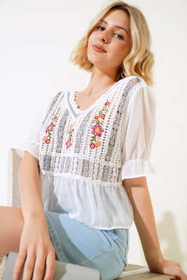 Pazarium - Nakışlı Şifon Bluz Gri