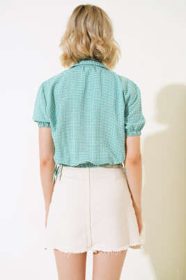 Bel Lastikli Ekoseli Crop Yeşil - Thumbnail