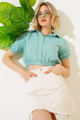 Bel Lastikli Ekoseli Crop Yeşil - Thumbnail