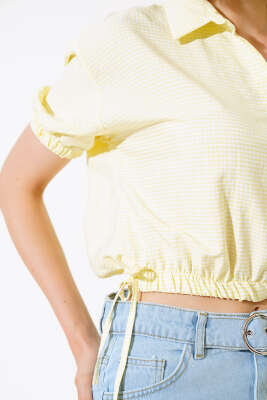 Bel Lastikli Ekoseli Crop Sarı - Thumbnail