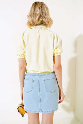 Bel Lastikli Ekoseli Crop Sarı - Thumbnail