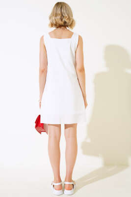 Kare Yaka Güpürlü Elbise Ekru - Thumbnail