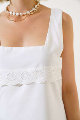 Kare Yaka Güpürlü Elbise Ekru - Thumbnail