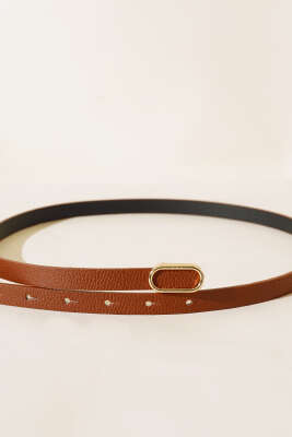 Oval Metal Tokalı İnce Kemer Taba - Thumbnail