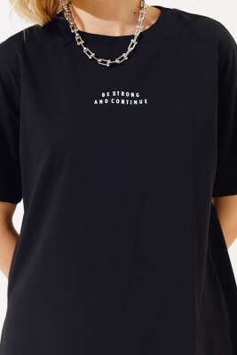 Baskılı Yan Yırtmaçlı T-shirt Siyah - Thumbnail